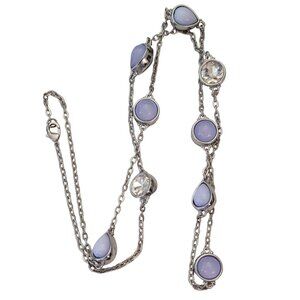 Silver Tone Periwinkle Blue-Purple Caged Lucite Clear Rhinestone Necklace, E543